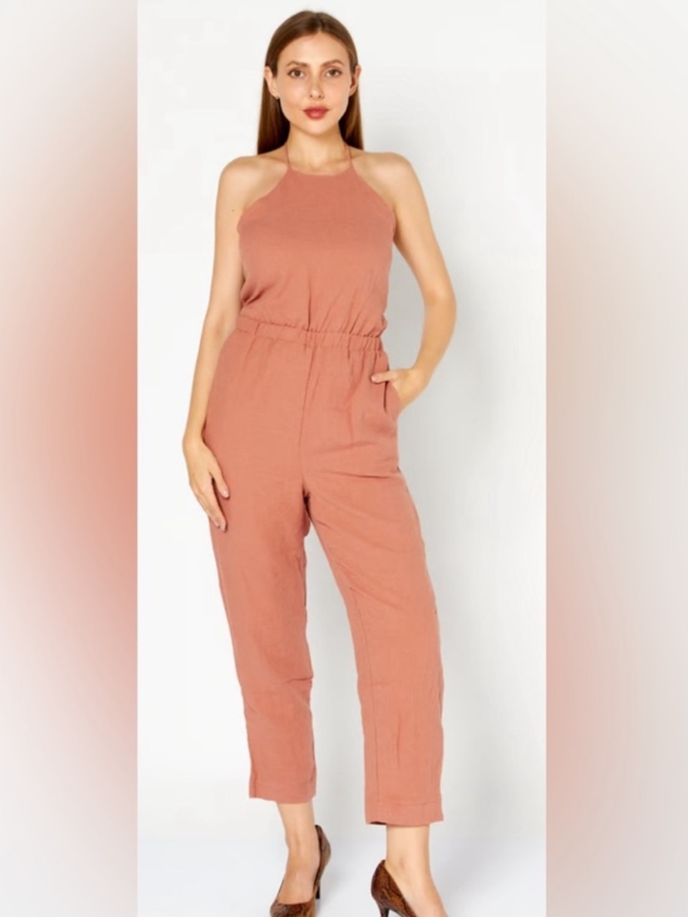 Lost + Wander Sleeveless Halter Jumpsuit in Terracotta